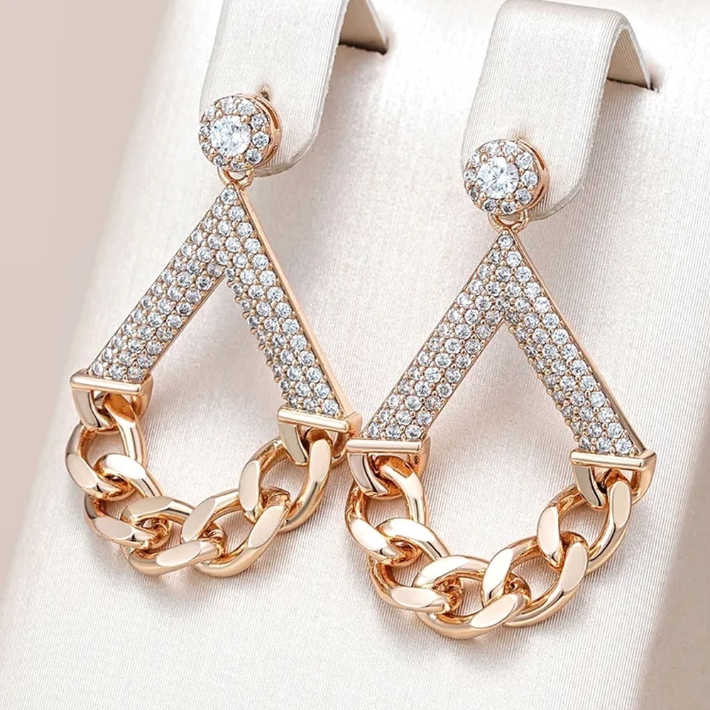 Rose Gold Natural Zircon Geometric Chain Drop Earrings